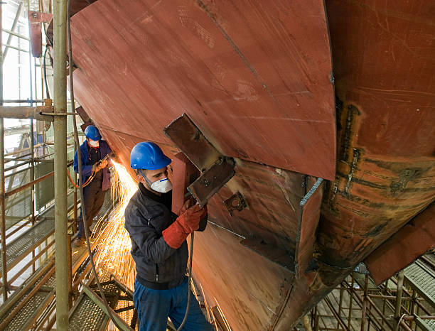 Welding steel plates on ship hull